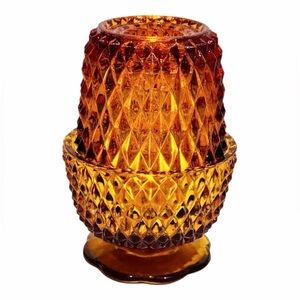 Indiana Glass Amber Diamond Point Fairy Lamp Candle Holder Vintage